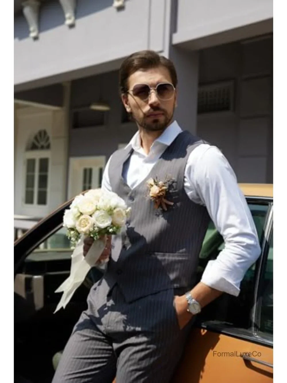 Men's Pinstripe Suit 2 Piece Vest and Pants Set Slim Fit Wedding Groomsmen Prom